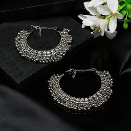 Sangria Set Of 2 German Silver Plated Beaded Oxidised Anklets-2