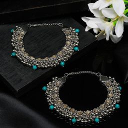 YouBella Set of 2 Oxidised Silver-Plated Stones Studded and Beaded Anklets-23