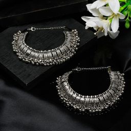 Sangria Set Of 2 German Silver-Plated Oxidised Tribal Anklets-image-59