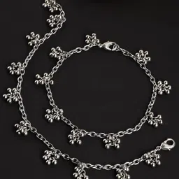 KARATCART Set of 2 Oxidised  Silver-Plated Tessel Ball Studded Anklets-33