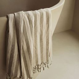 H&M Olive Green & White Linen-Blend Bath Sheet-image-7