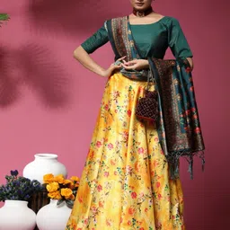 Kaizen TEXO FAB Yellow & Green Printed Semi-Stitched Lehenga & Blouse With Dupatta-picture-7