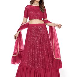 ODETTE Pink Embellished Semi-Stitched Lehenga & Unstitched Blouse With Dupatta-picture-13