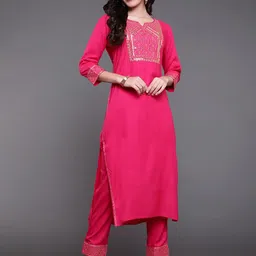 antaran Women Pink Floral Embroidered Kurta with Trousers-image-90
