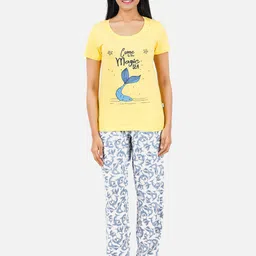 PRIDE APPAREL Women Yellow & Blue Printed Cotton Night suit-picture-16