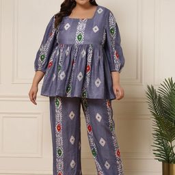 DEEBACO Plus Size Printed Square Neck Top With Trouser-10