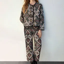 BAESD Trendy 3 Piece Printed Lycra Jacket Crop Top & High-Waist Trousers Co Ord Set-0