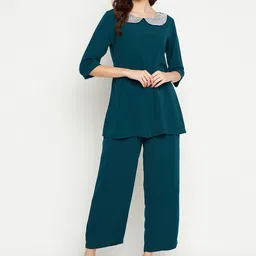 NABIA Women Solid Round Neck Embroidery Co-Ord Set-image-84
