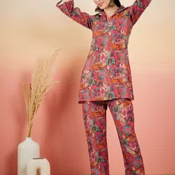 Sangria Pink Floral Printed Shirt Collar Tunic & Trouser-picture-15