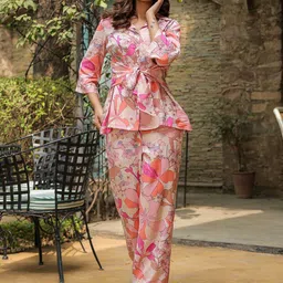 JISORA Pink Floral Printed Shirt Collar Pure Silk Shirt With Palazzos-image-19