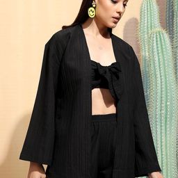 Tokyo Talkies Black Shawl Neck Top & Shrug With Shorts-picture-23