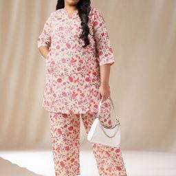 Janasya Plus Size Floral Printed Pure Cotton Plus Size Top With Trousers-15