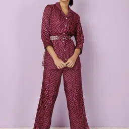 Jaipur Kurti Printed Lapel Collar Pure Silk Shirt With Trousers-12