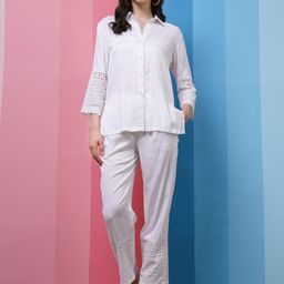 Athena White Self Design Three-Quarter Sleeves Shirt With Trousers Co-Ords-picture-13