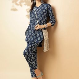 Shaily Mavy Blue Ethnic Printed V-Neck Pure Cotton Tunic & Trouser-image-93