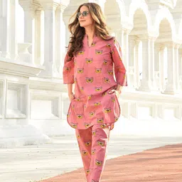 DIMPLE DESIGN STUDIO Mandarin Collar Printed Pure Cotton Tunic & Trousers-image-27