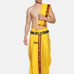 Sethukrishna Men Yellow & Green Solid Dhoti Pant With Zari Border-image-64