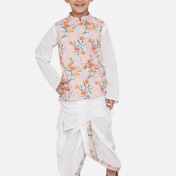 Little Bansi Boys Off-White & Pink Kurta with Dhoti Pants & Nehru Jacket-21
