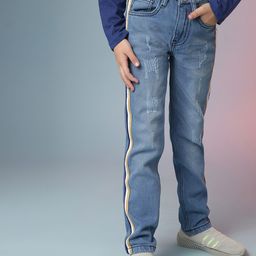 Instafab Boys Blue Classic Slim Fit Mildly Distressed Light Fade Stretchable Jeans-image-55