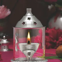 BOROSIL Akhand Diya Silver Toned Decorative Glass Oil Lamp, Holder With Glass Chimney-37