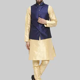 ROYAL KURTA Mandarin Collar Pure Silk Straight Kurta with Churidar And Nehru Jacket-image-66