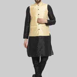 ROYAL KURTA Mandarin Collar Pure Silk Kurta With Churidar And Nehru Jacket-image-62