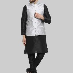 ROYAL KURTA Mandarin Collar Straight Pure Silk Kurta & Churidar With Nehru Jacket-image-72