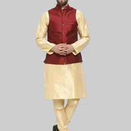 ROYAL KURTA Mandarin Collar Pure Silk Straight Kurta with Churidar And Nehru Jacket-image-67