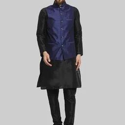 ROYAL KURTA Mandarin Collar Kurta With Churidar & Nehru Jacket-image-83