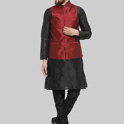 ROYAL KURTA Mandarin Collar Straight Pure Silk Kurta & Churidar With Nehru Jacket-image-73