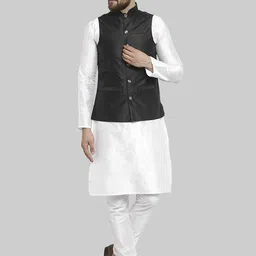 ROYAL KURTA Mandarin Collar Straight Pure Silk Kurta & Churidar With Nehru Jacket-image-75