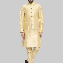 ROYAL KURTA Mandarin Collar Pure Silk Kurta With Churidar And Nehru Jacket-image-63