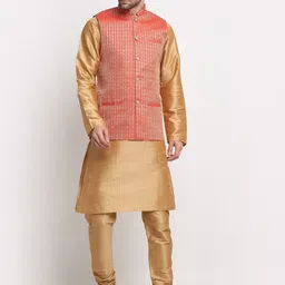 KRAFT INDIA Gold Toned Regular Kurta & Churidar With Nehru Jacket-image-62
