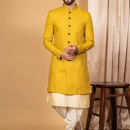 KISAH Men Mandarin Collar Cotton Kurta Sherwani Set-image-6