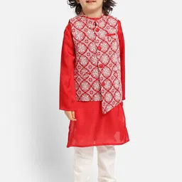 PICCOLO Boys Mandarin Collar Kurta with Pyjamas With Embroidered Waist Coat-17