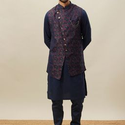 Manyavar Men Blue Printed Regular Pure Cotton Kurta and Pyjamas with Long Jacket-0