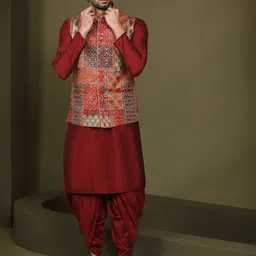 KISAH Men Abstract Printed Regular Fit Kurta Jacket Dhoti Set image 1