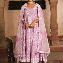 KIMAYRA Floral Printed Sequinned Pure Cotton Kurta With Trousers & Dupatta-picture-6