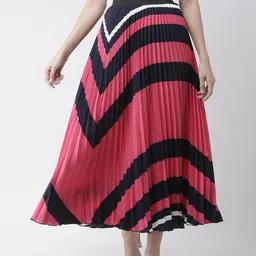 KASSUALLY Pink & Black Colourblocked Pleated A-Line Skirt-image-75