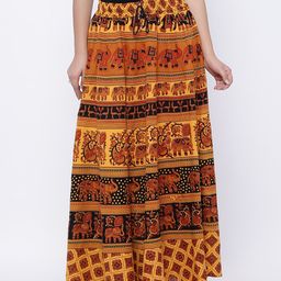 SOUNDARYA Women Yellow Printed Pure Cotton Flared Maxi Skirt-picture-3