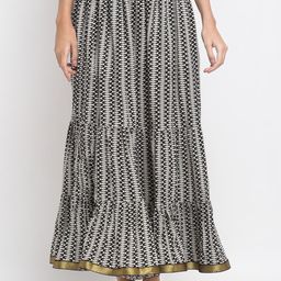 SOUNDARYA Women Black & White Printed Pure Cotton Flared Maxi Skirt-image-58
