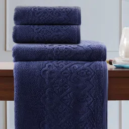 MASPAR Set Of 4 Navy Blue Self Design Pure Cotton 550 GSM Towel Set-30