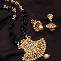 PANASH Gold-Plated Black Beads Stone-Studded Handcrafted Mangalsutra With Earrings-42