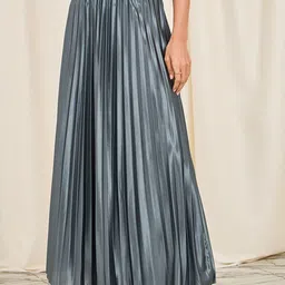Styli Satin Pleated High Rise A-Line Maxi Skirt-picture-56