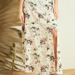 Berrylush Beige Floral Printed High Rise A-line Side Slit Maxi Skirt-picture-34