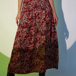 Berrylush Maroon Floral Printed High Rise A-line Maxi Skirt-image-91