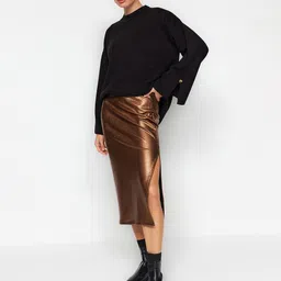 Trendyol Ribbed Pencil Midi Side Slit Skirt-image-66
