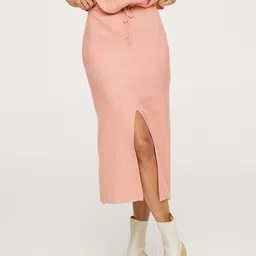 Mango Women Pink Solid Front Slit Midi Skirt-image-93