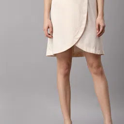 NEUDIS Women Beige Solid Tulip Satin Finish Wrap Mini Skirt-16