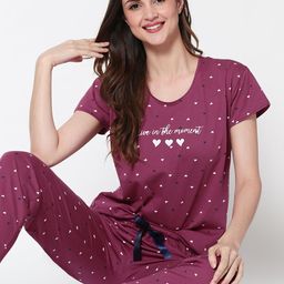 Zeyo Women Burgundy & White Printed Night Suit-image-44